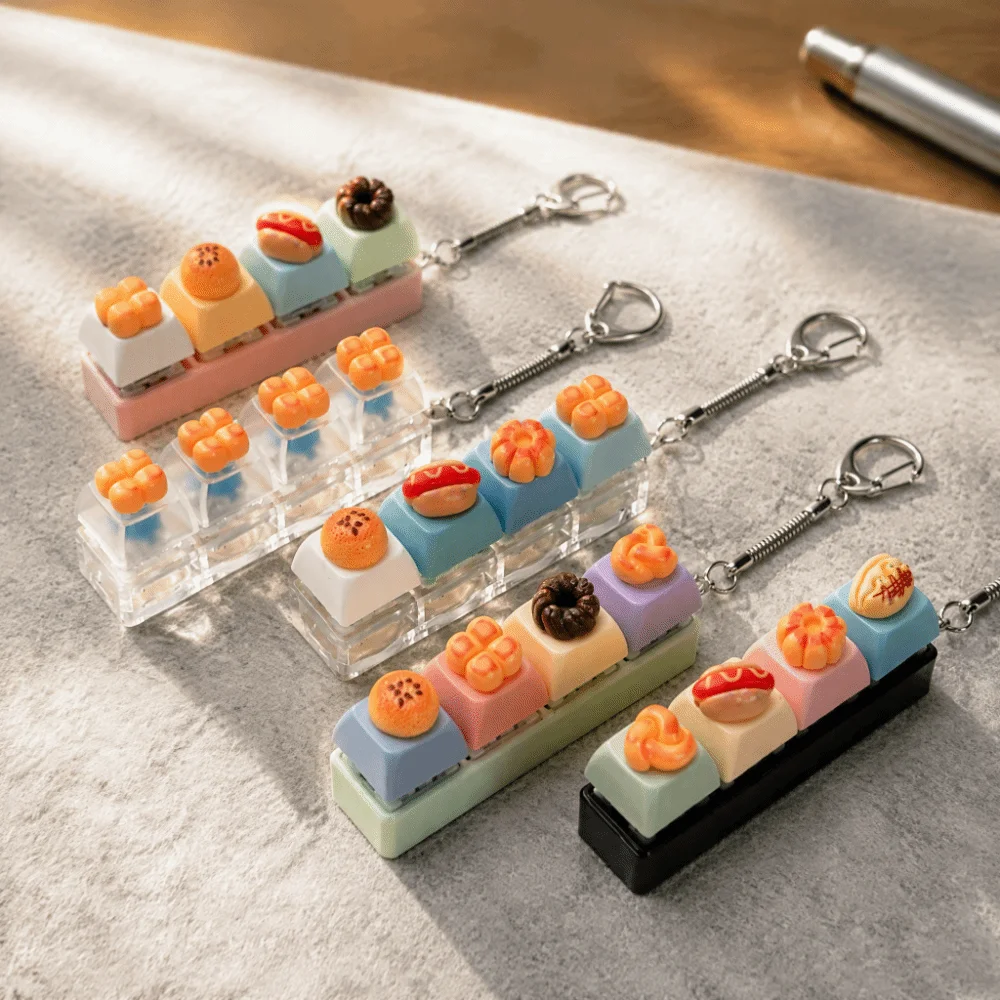 Cartoon 4-Key Bread Keychain Simulation Food Dessert Shape Food Miniature Fidget Keycap Finger Button Funny
