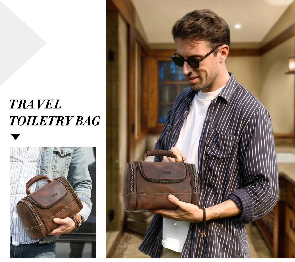 Männer Echtes Leder Reise Business Kulturbeutel Rasieren Tasche Frauen Retro Kosmetik Waschen Dusche Organizer Handtasche Große Kapazität – Detail 1