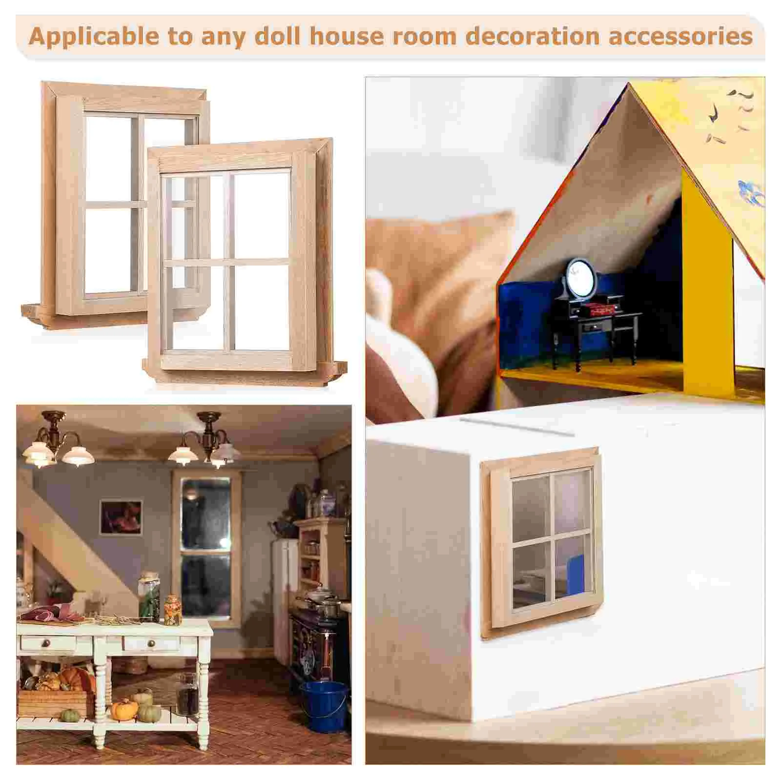 2 Pcs Four grid Window Puzzle Materials Sturdy Birchwood House Furniture Model Frame Miniature Tiny Frames Beige Baby