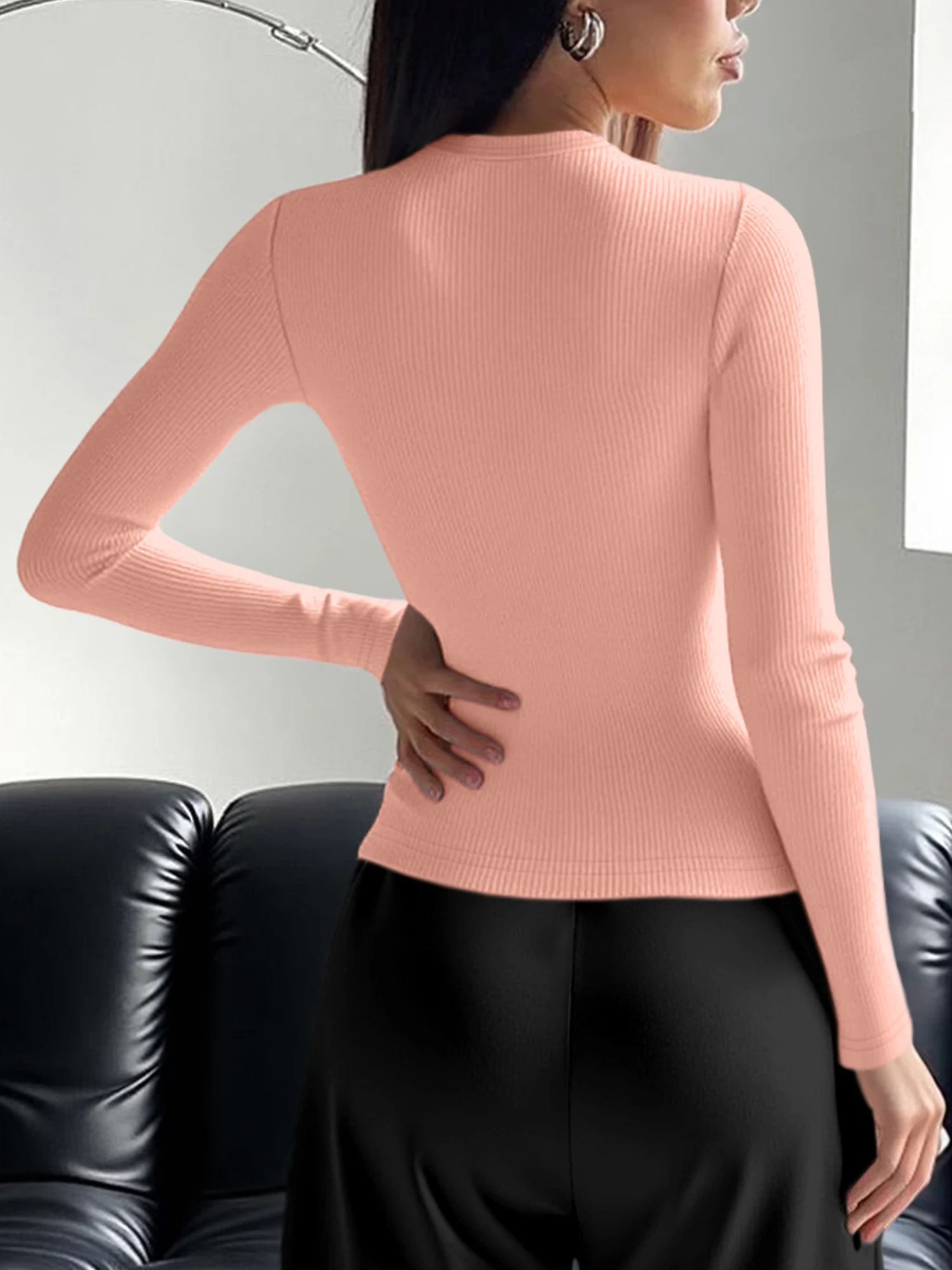 Täglich tragbares Damen-Rippenstrick-Oberteil mit Rundhalsausschnitt und langen Ärmeln, einfarbig, schmal geschnitten, weich, dehnbar, passendes T-Shirt – Detail 10