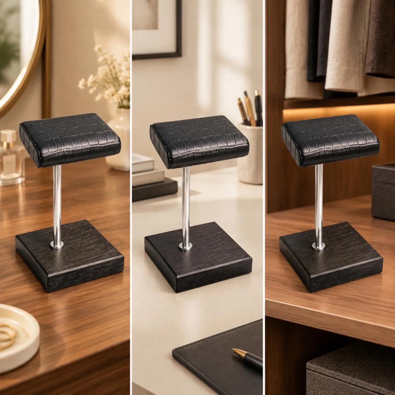 freestanding-wrist-watch-stand-with-padded-crocodile-texture-cushion-for-retail-shelf-display