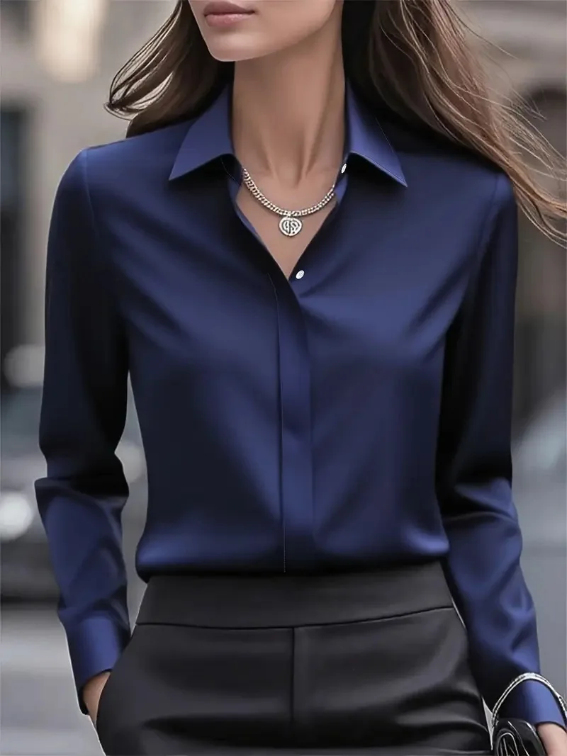 

Commuting Professional Women's Shirt Solid Color Turn-Down Collar Long Sleeved Versatile Shirt Satin Casual Slim Fit Daily Top