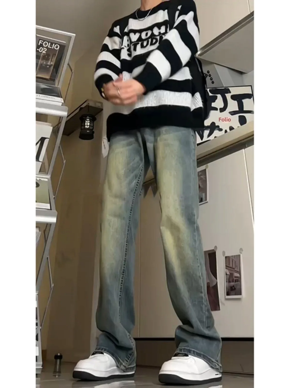 

Blue adient Boy's Jeans High Street Faion Micro Flared Pants Korean Sle Versatile Casual Cotton Polyester Blend