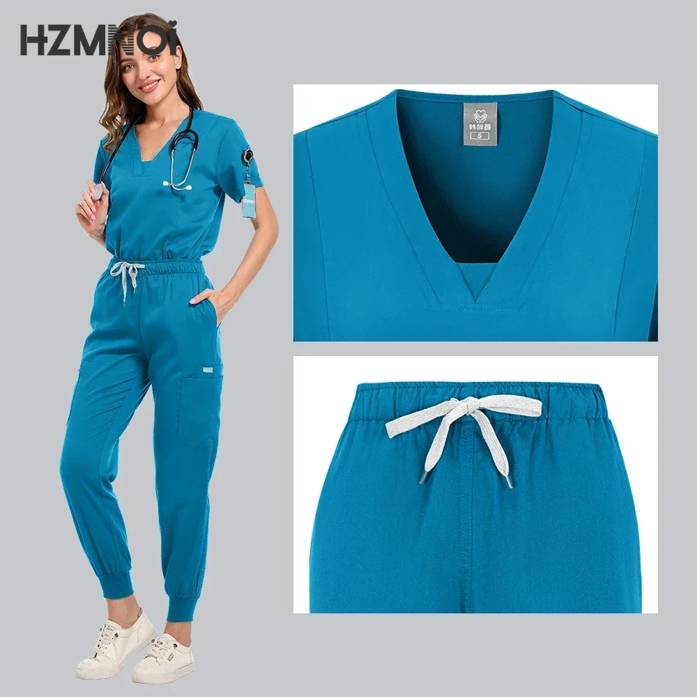 HZMNOI High-quality Nursing Scrubs Uniform Suit Short Sleeve V-neck Tops+Pants Sets Women Multicolor Pet Medical Workwear Nurse