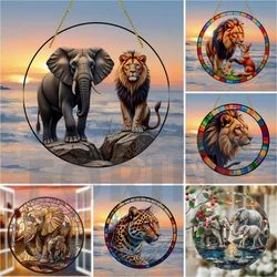 Animal World Elephants,lions,leopards Suncatcher,round Acrylic Translucent Window Hanging Sign,Home&room,Yard Farmhouse Decor