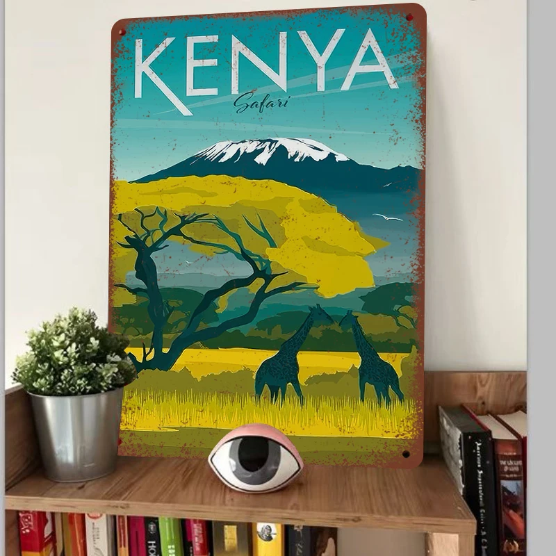 Kenya Safari Metal Wall Art Giraffe Mountain Landscape Painting Home Decor for Living Room Bedroom