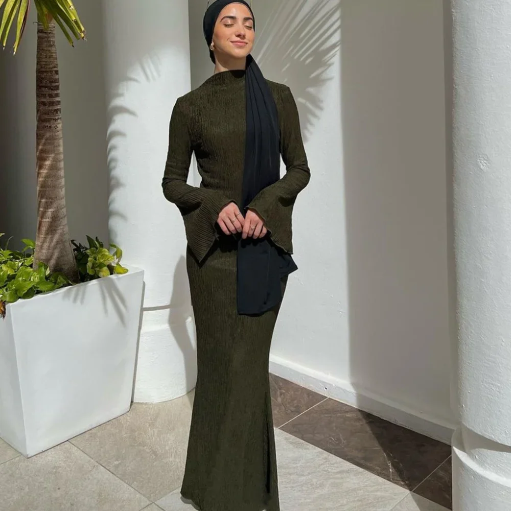 

Full Sleeve Elastic Slim Long Dress Women Maxi Dresses Skinny Evening Pencil Dress Muslim Abayas Dubai Turkey Women's Clothing