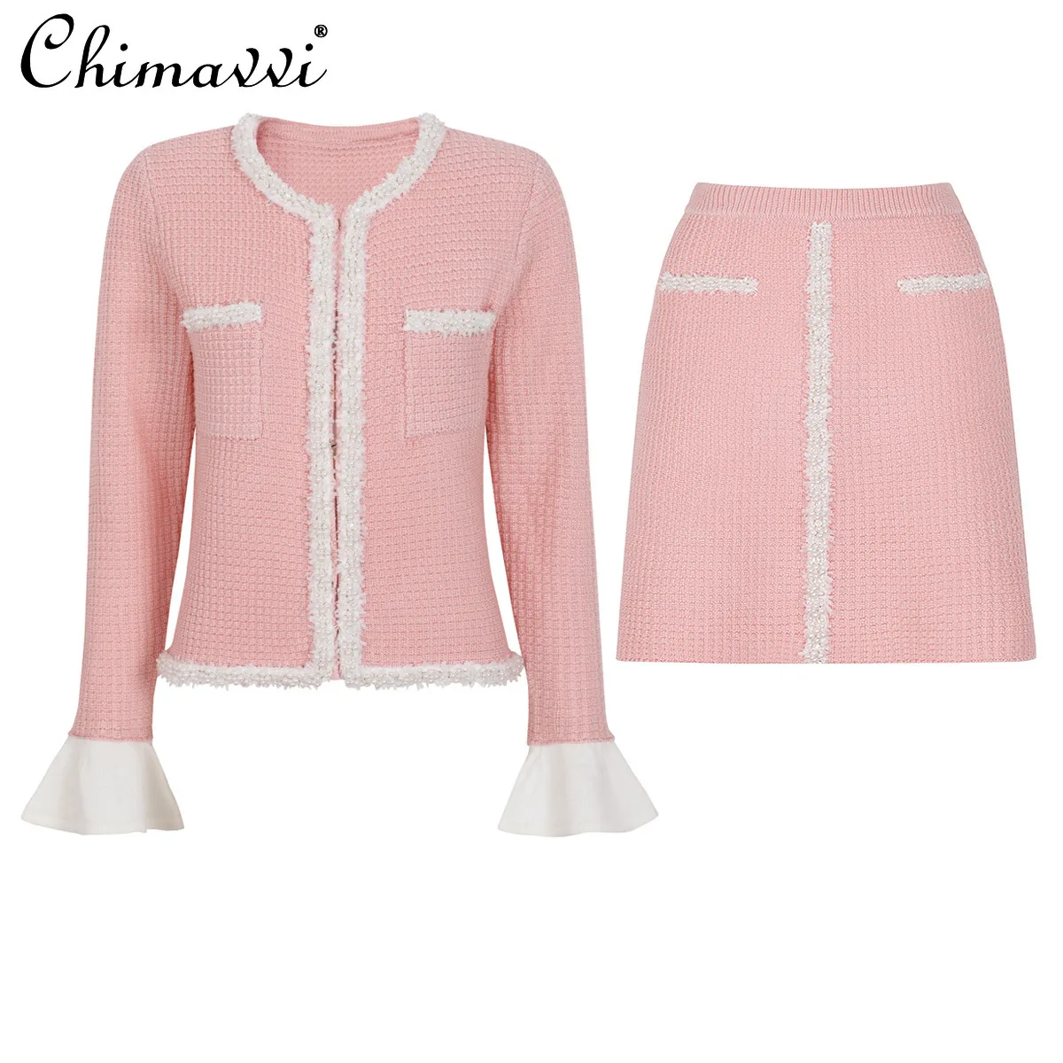 

Spring and Autumn New Fashion Long Sleeve Slim Knitted Outfits Women Heavy Beading Coat Top+skirt Elegant Ladies Two-pieces