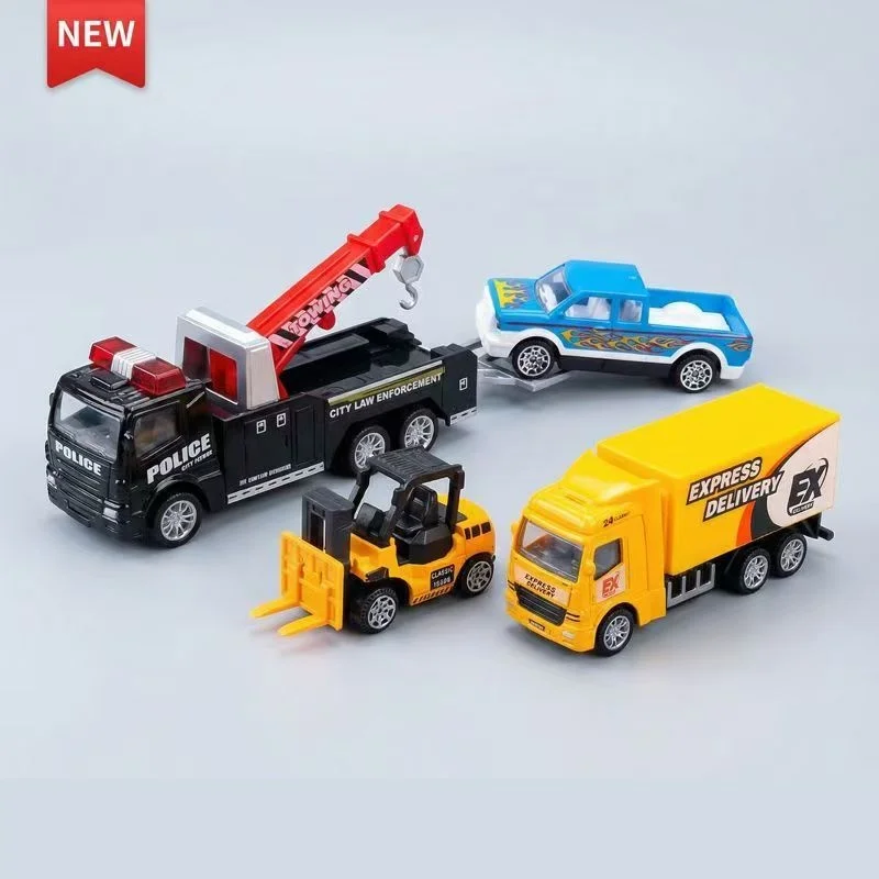 รถของเล่นจำลองโลหะผสม ยานยนต์วิศวกรรม รถตำรวจ รถดับเพลิงเด็ก รถกู้ภัยแบบแบนสำหรับเด็กผู้ชาย รุ่นแบบดึงกลับ