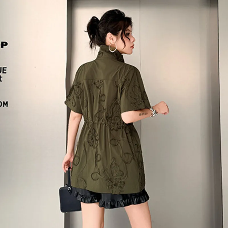 HKSH Women Short Sleeve Shirt Elegant Niche 3D Floral Drawstring Design Trend Stand Collar Single Breasted Blouse Summer HK23684