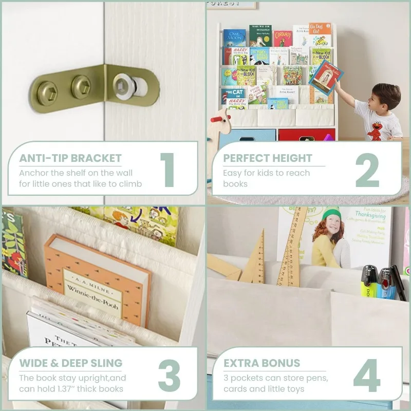 Kids Book Shelf, Children Display Rack, 4 Sling and 2 Storage Boxes for Toys Organizer