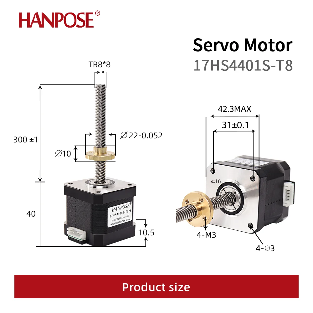 HANPOSE Nema17 1.7A Stepper Motor 17HS4401S-T8 350mm Length 4 Leads Z Axis With Trapezoidal Screw For 3D Printer Monitor