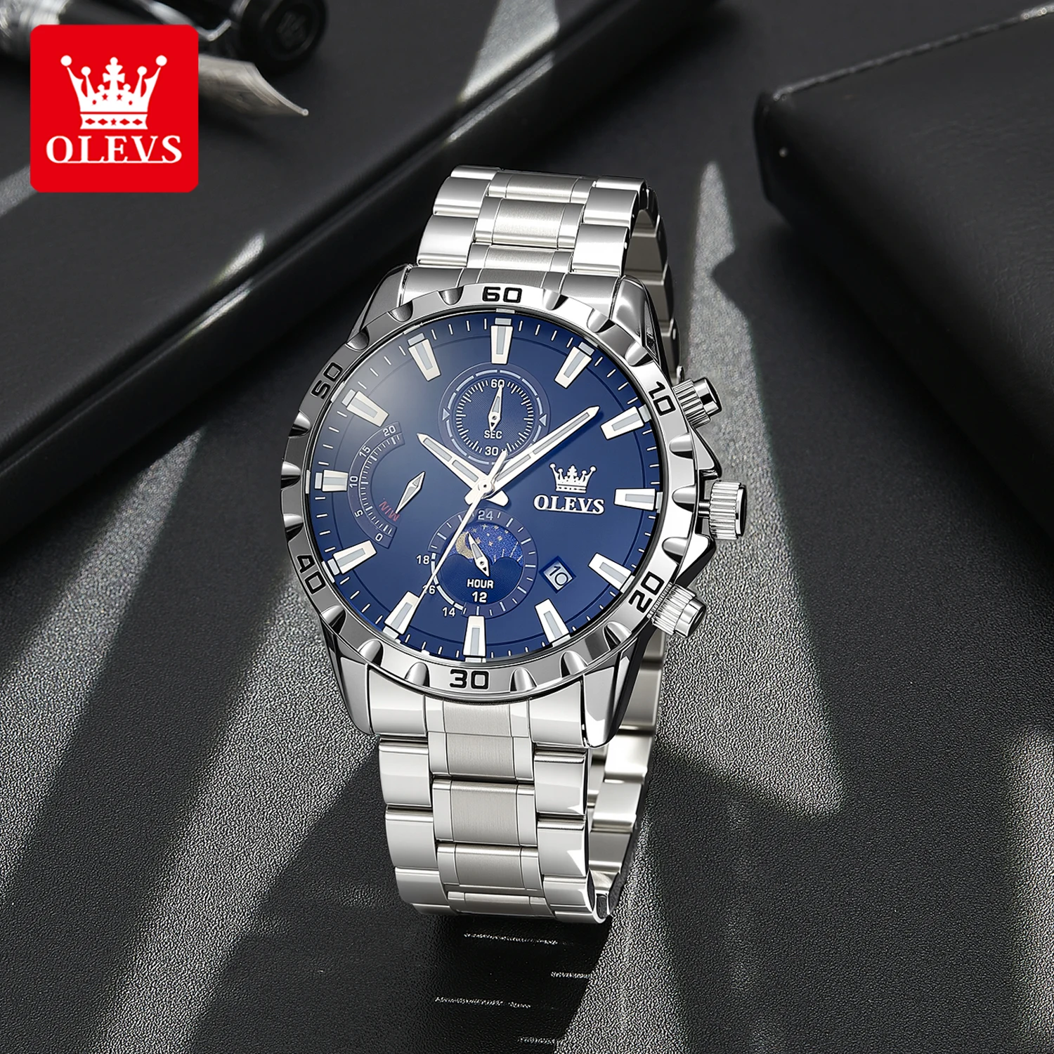 

Мужские часы OLEVS 2953, оригинальные брендовые многофункциональные кварцевые часы с хронографом, часы из нержавеющей стали, мужские спортивные часы, коробка, подарок
