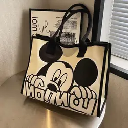 Sacola Disney grande capacidade para mulheres, carta kawaii Mickey Mouse, bolsa de ombro para meninas, bolsa de desenho animado