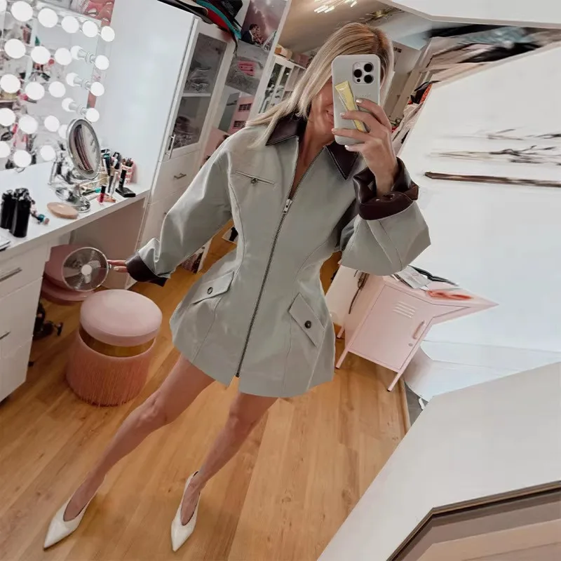 Color Clash Patchwork Tapered Waist Jacket Mint Green Lapel A-line Coat Zippers Casual Elegant Short Overcoats for Women Stylish