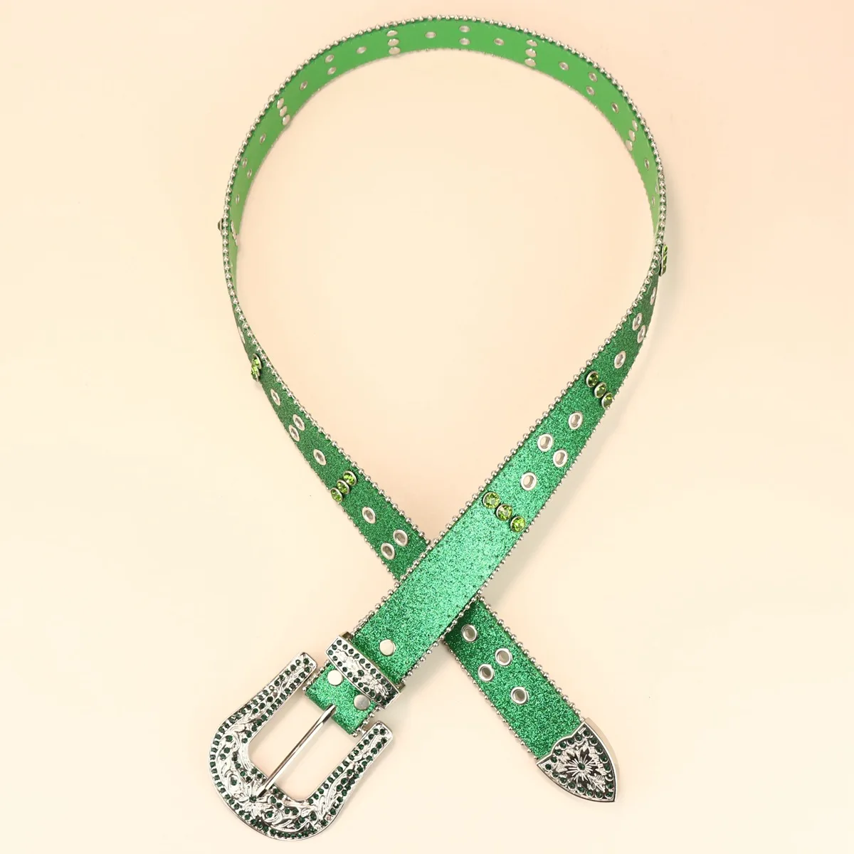 men's fashion green soft leather rhinestone belt diamond studded belts stage nightclub women stylish waistband designer strapon