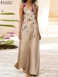 2023 ZANZEA Summer Bohemian Beach Maxi Long Dress Women V Neck Sleeveless Holiday Sundress Casual Floral Printed Vestido Sarafan