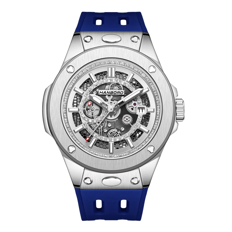

Мужские автоматические часы HANBORO, модные механические наручные часы 42 мм, водонепроницаемые, со светящимся циферблатом-скелетоном, Miyota 8217, быстросъемный ремешок
