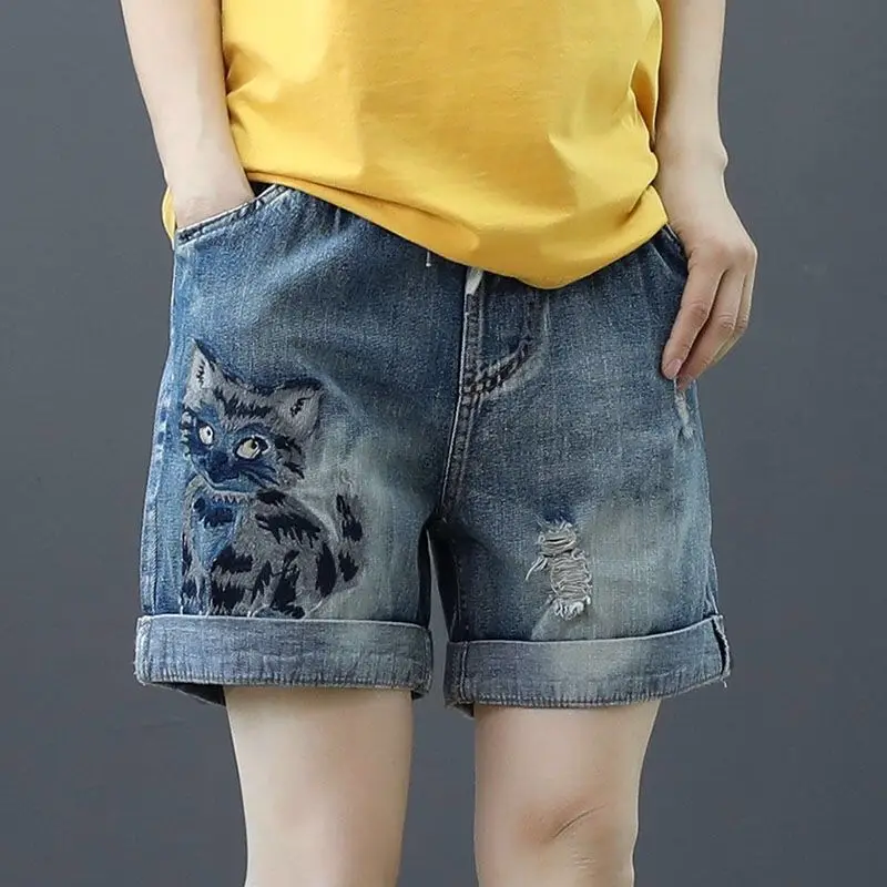 Femme Elastic Waist Embroidered Jeans Summer Women Clothes Casual Hole Straight New All-match Pocket High Waist Wide Leg Pants