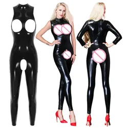 Women Sexy Lingerie Wet Look Faux Leather Jumpsuits Hollow Out Latex Catsuit Erotic Open Crotch Nightclub Bodysuit