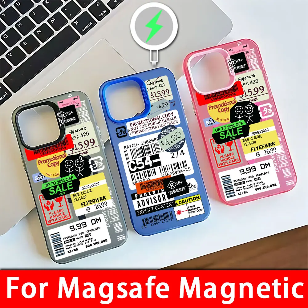 Fashion Stamp Label Barcode Magsafe Magnetic Phone Case for IPhone 11 12 13 14 15 16 Pro Max Plus Border Silver Plated Cover