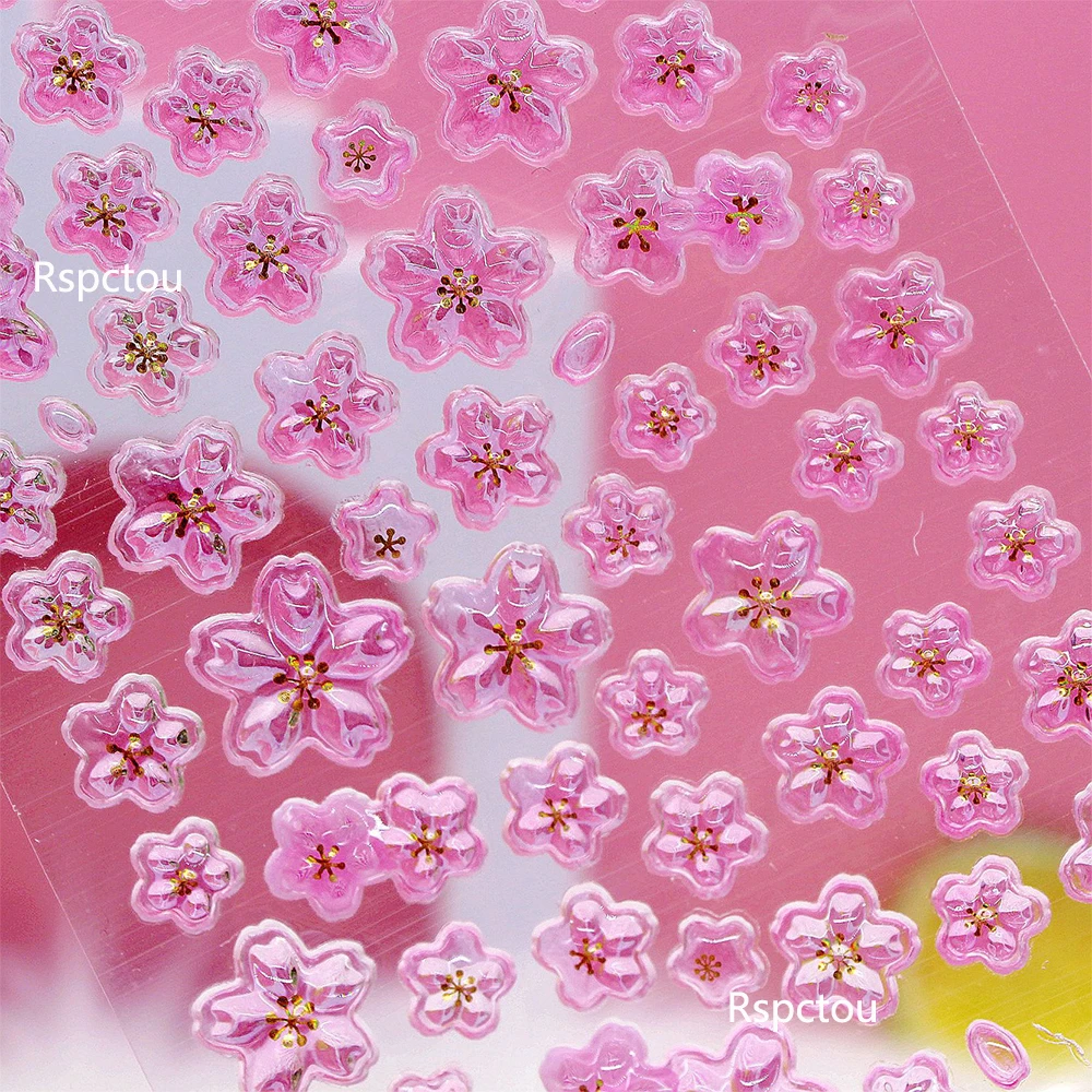 Cute Pink Japanese Cherry Blossoms 3D Relief Crystal Stickers Sakura Aesthetic Decal Laptop Phone Case Decoration Sticker School