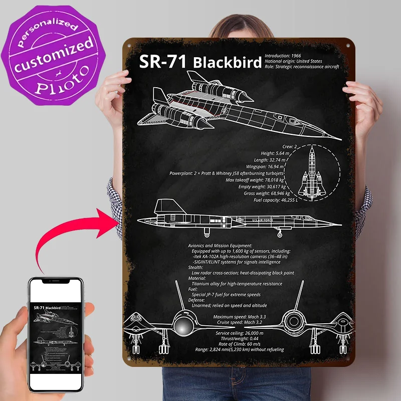 SR-71 Blackbird Blueprint Poster Retro 3D Printed Metal Signs Customized Wall Hanging Gift for Office Decor Room House Tin Sign