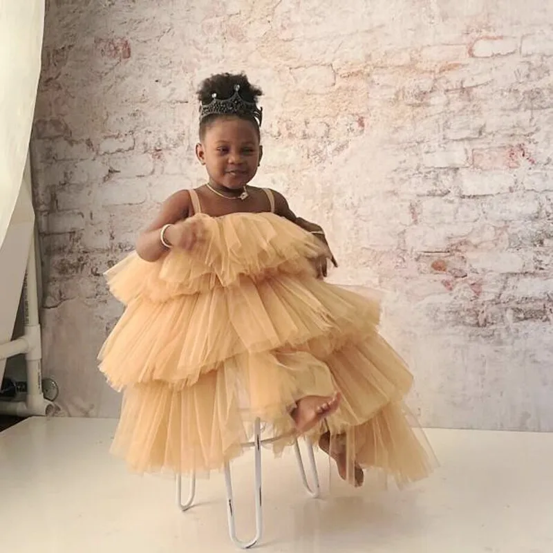 

Champagne Flower Girl Tulle Skirts Tiered Long Spaghetti Straps Kids Tutu Skirt Girls Birthday Wear For PhotoShoots Custom Made