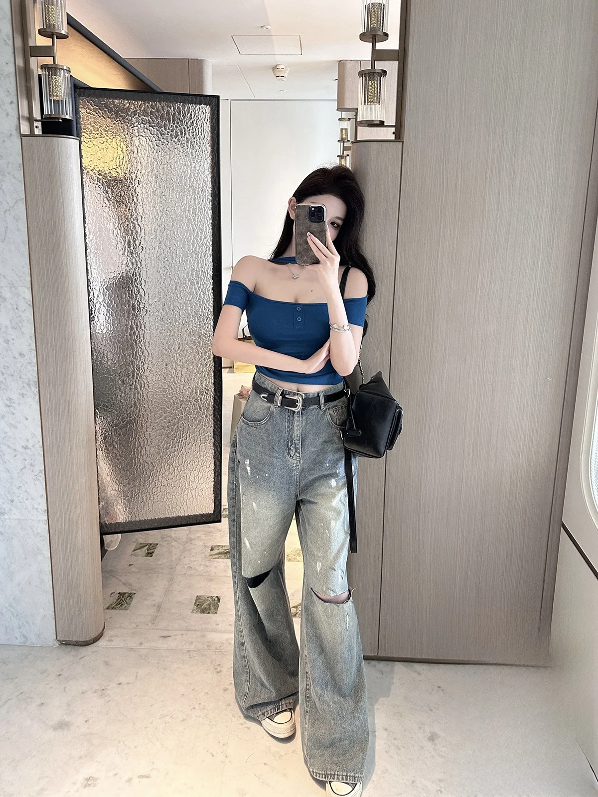 

Джинсы Kubiliv American Casual свободного прямого кроя для женщин, широкие брюки с эффектом брызг краски и дырками, с низкой посадкой, длинные штаны