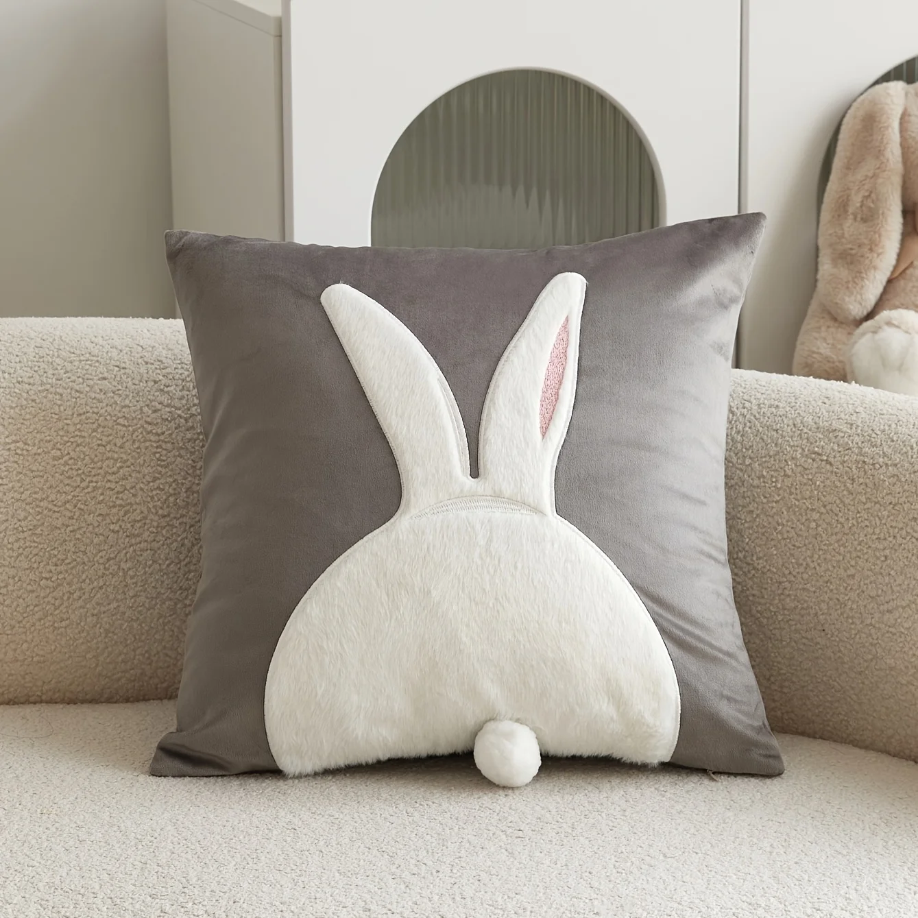1pc 3D Embroidered Cute Rabbit Handmade Ball Pillow Cover | Suitable for Living Room, Bedroom, Car, and Party Environments, Polyester, Spot-Clean Care