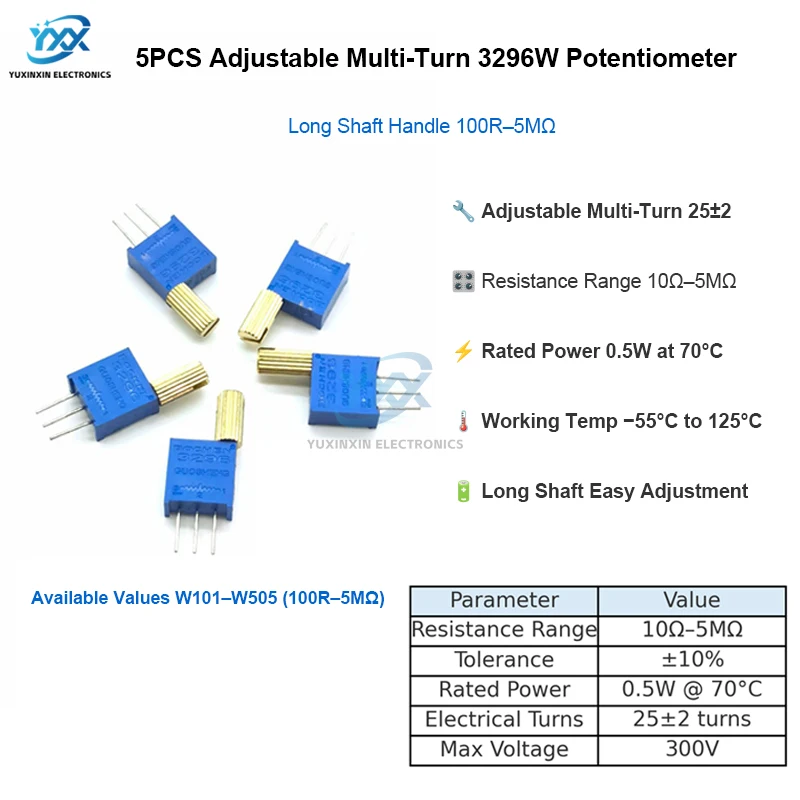 

5PCS Adjustable Multi-Turn 3296W Potentiometer Long Shaft Handle 100R 200R W103 W104 W503 1K 2K 5K 10K 20K 50K 100K 200K 500K 1M
