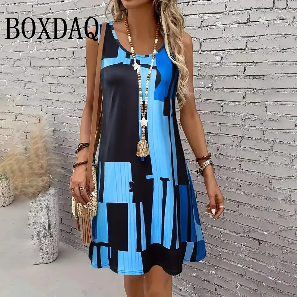 Gradient Contrast Color Print Women's Elegant Loose Short Dress Fashion Women's Casual Daily Sleeveless Stripe Mini Dress Summer