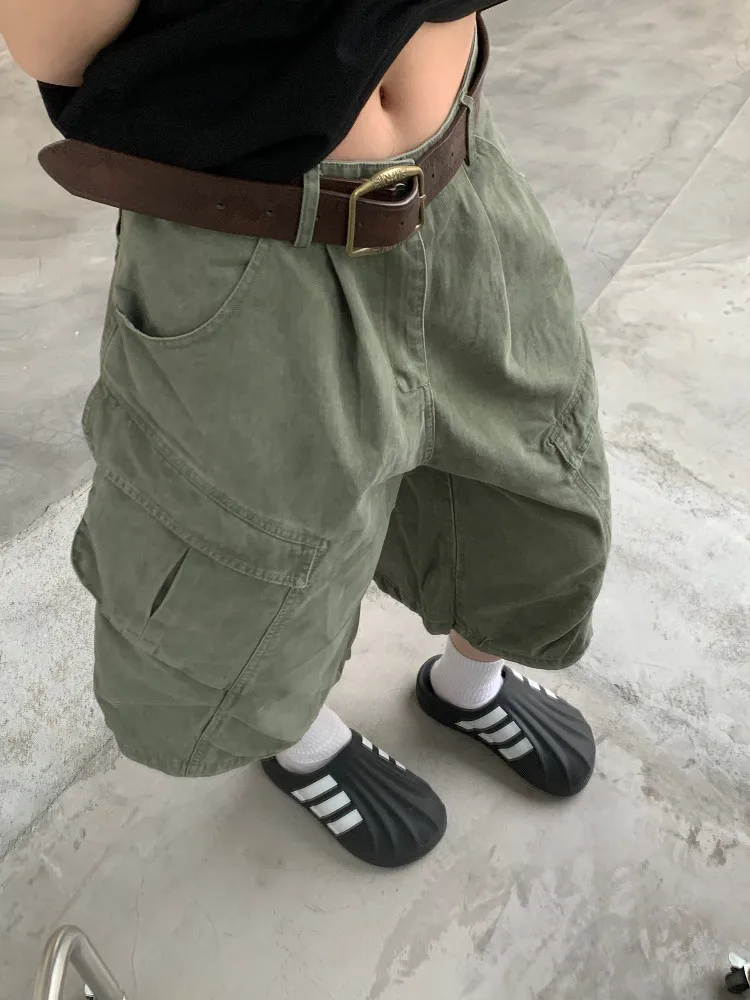 

Retro American High Street Washed Distressed Workwear Seven-Foot Pants Loose Wide Leg Multi-Pocket Men's Fashion Shorts