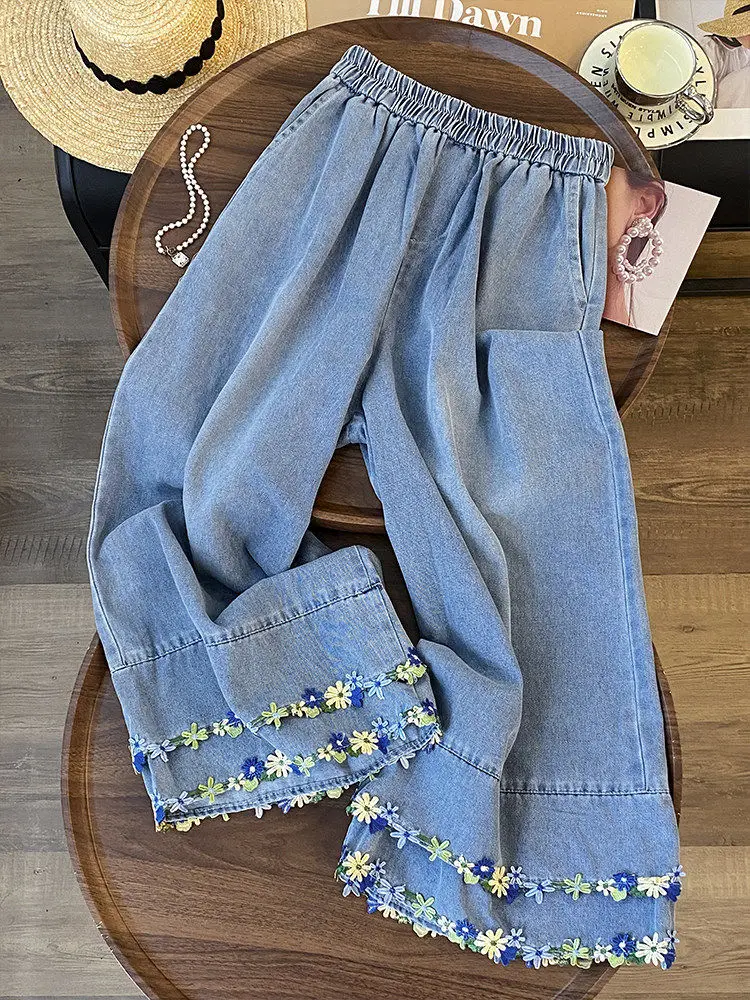 

Blue High Street Fashion High Elastic Anti-Aging Jeans 2026 New High Waist Embroidered Flower Slim Wide Leg Pants