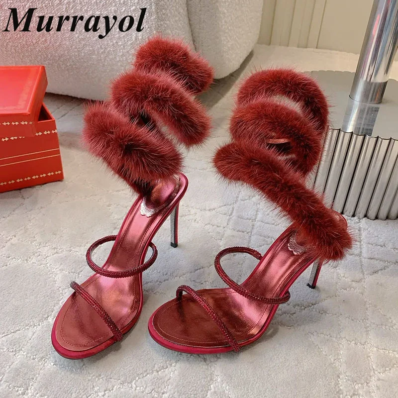 Fur Sandals Thin High Heels Women's Bling Rhinestone Decor Narrow Band Gladiator Sandalias Summer Sexy Party Banquet Dress Shoes