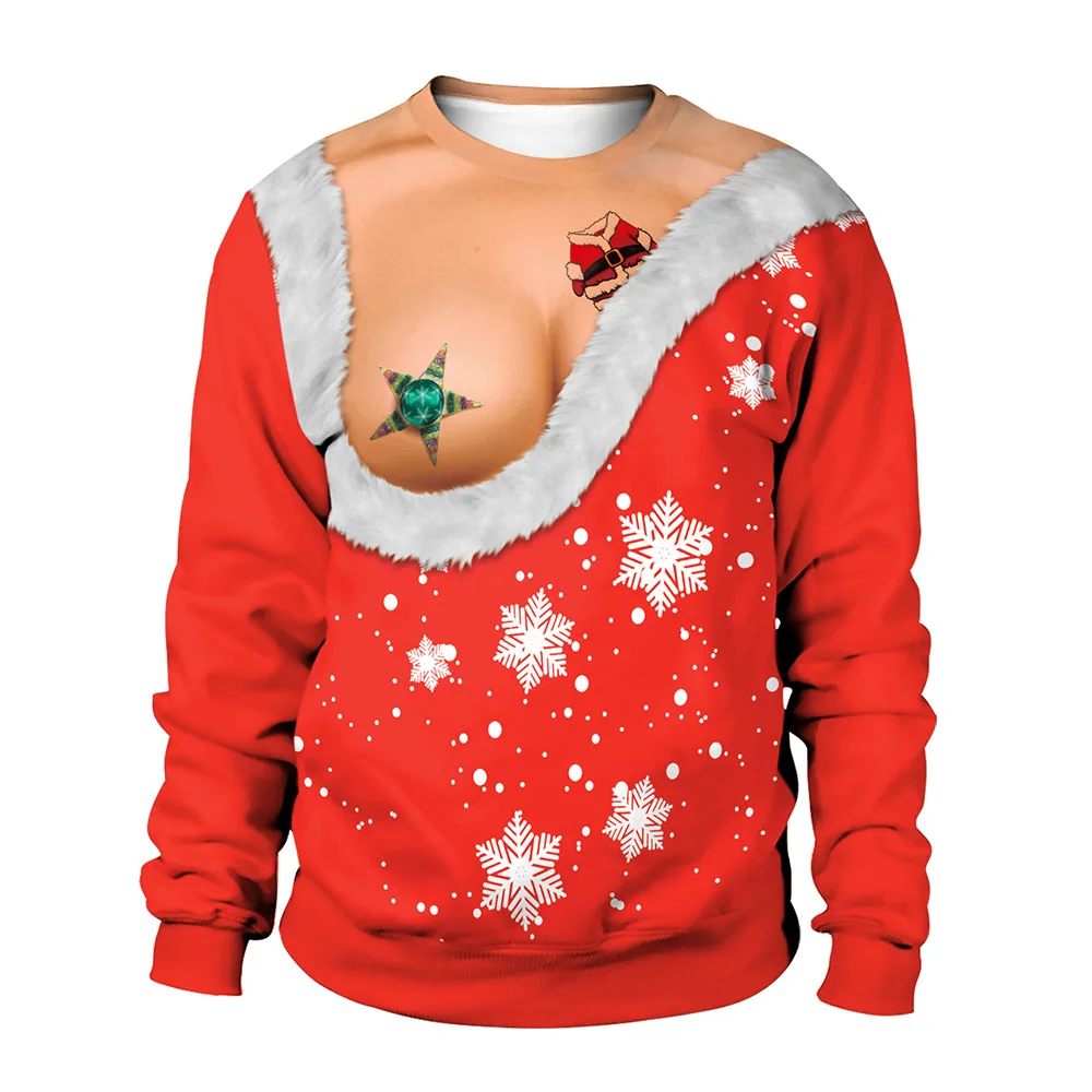 Ugly Top Christmas Clothes Women 2024 Funny Bare Breast Busty Print New Year Xmas Sweatshirt Hoodie Pullover Long Sleeve Winter