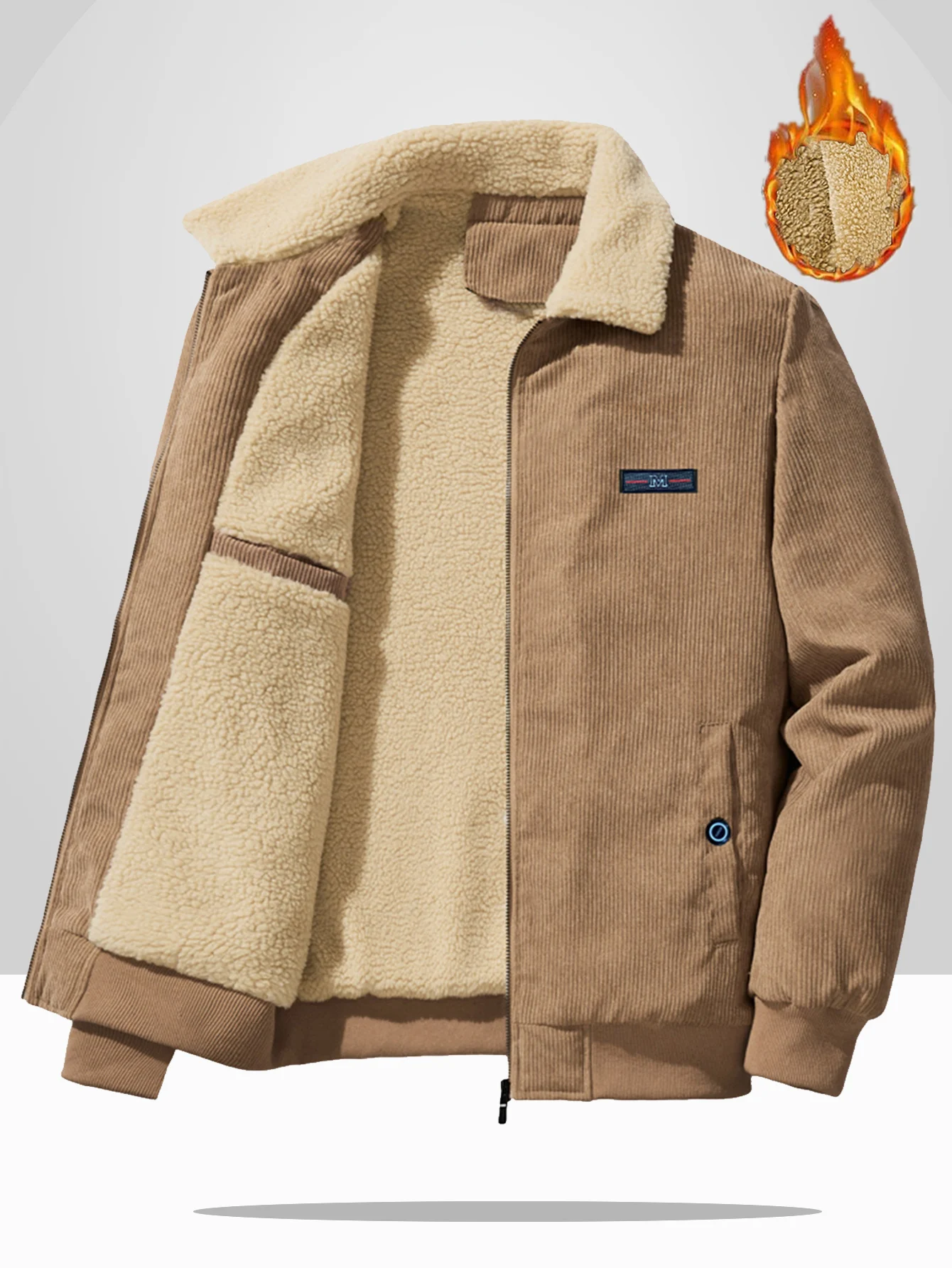Men Winter Vintage Khaki Corduroy Jacket Lapel Collar Zip Up Sherpa Lined Thick Warm Casual Outer CoatWinter Outerwear Loose Fit