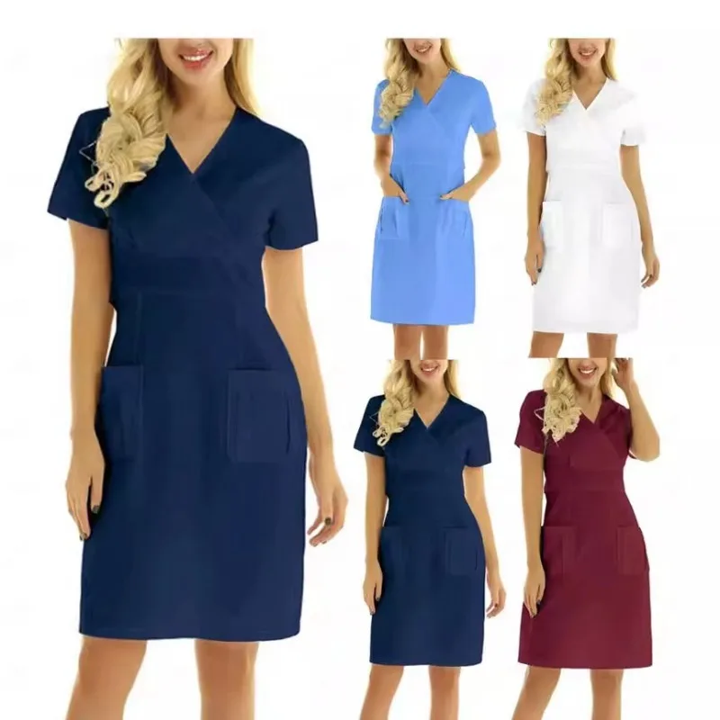 New Women's Short-sleeved V-neck Nurse Uniform Dress Scrubs Medical Uniforms Woman Shirts & Blouses Sets Surgical Cap Halloween