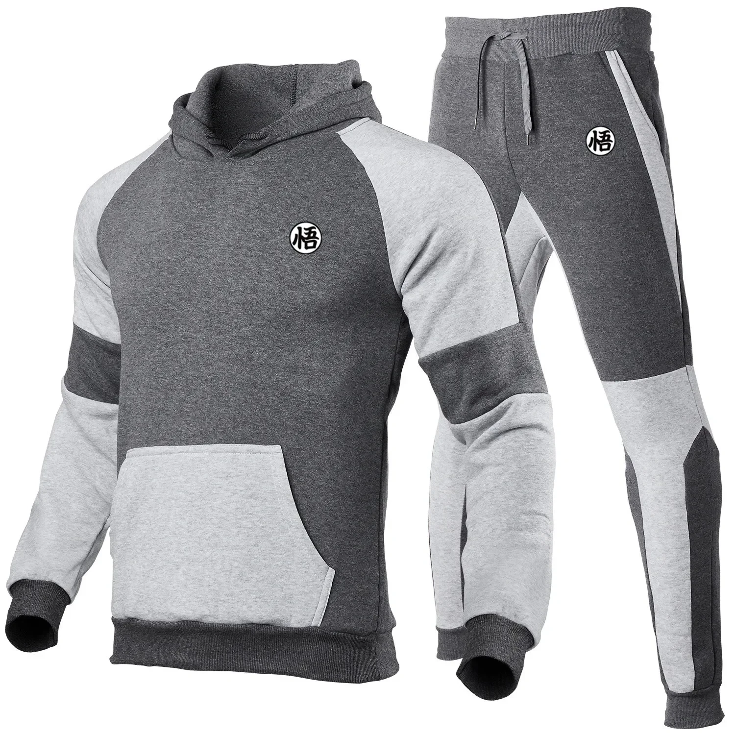 Autumn and winter men\'s casual multi-splicing and fleece off-shoulder hoodie set couple jogging fashion sportswear