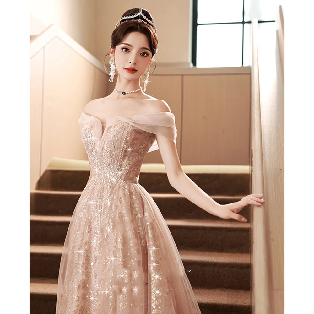 Elegant Champagne Pink Evening Dress Women Off The Shoulder Flower Sequins Applique Prom Gown Lace Up A-Line Shining Vestido