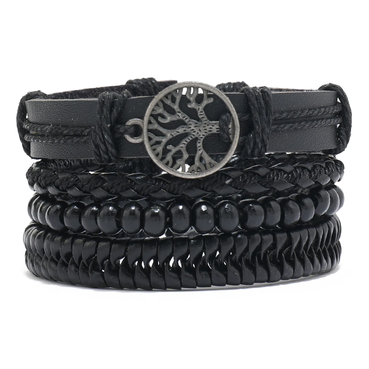 Leren armband heren levensboom PU lederen zwarte armband houten kralen meerlaags geweven armband trekkoord armband sieraden