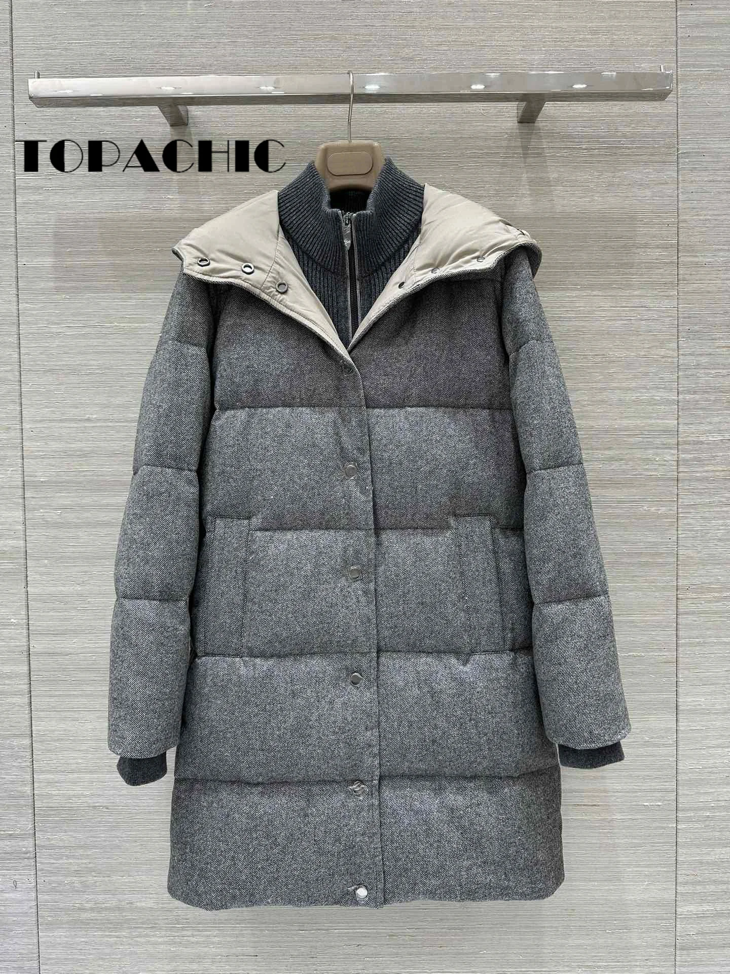 9.25 TOPACHIC-Women High Quality Knit Collar Spliced Goose Down Coat Fake Tow Piece Long Sleeve Hooded Thick Keep Warm Outerwear