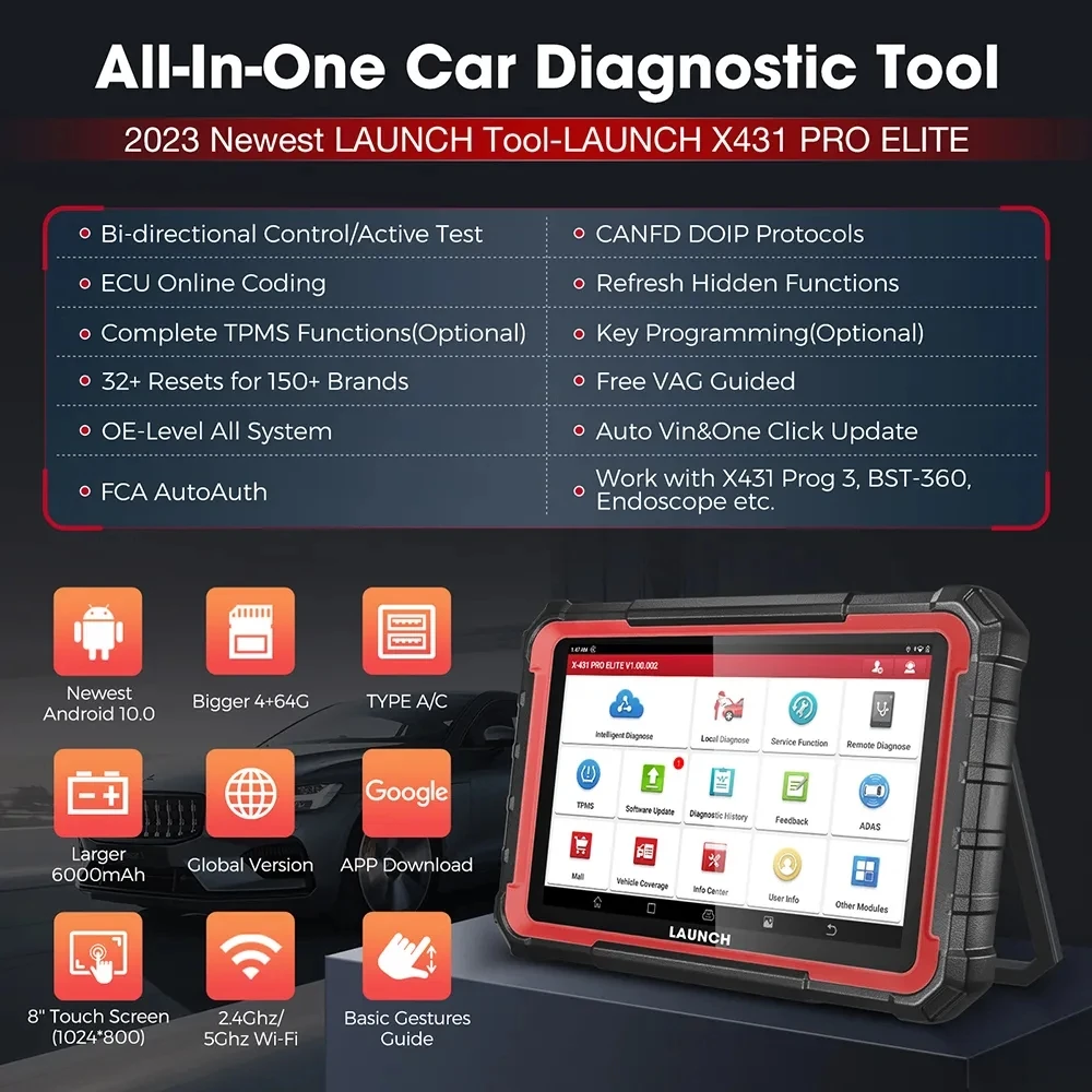 LAUNCH X431 PRO ELITE Car Diagnostic Tools CAN FD DOIP All System 31+ Reset Active Test ECU Coding Auto OBD OBD2 Scanner