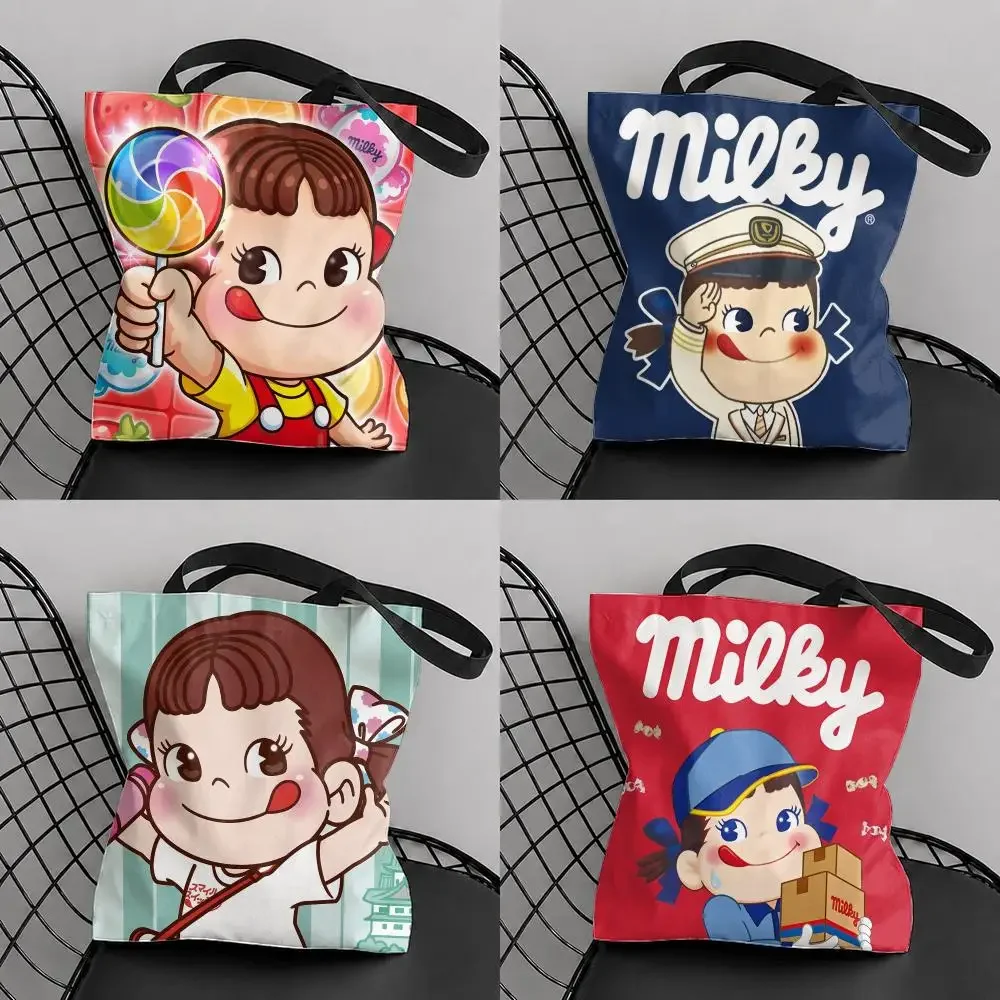 F-Fujiya M-Milky Peko Storage Bags Canvas Tote Bag Double-Sided Print Fashion Shoulder Shopping Bag Gift Handbags