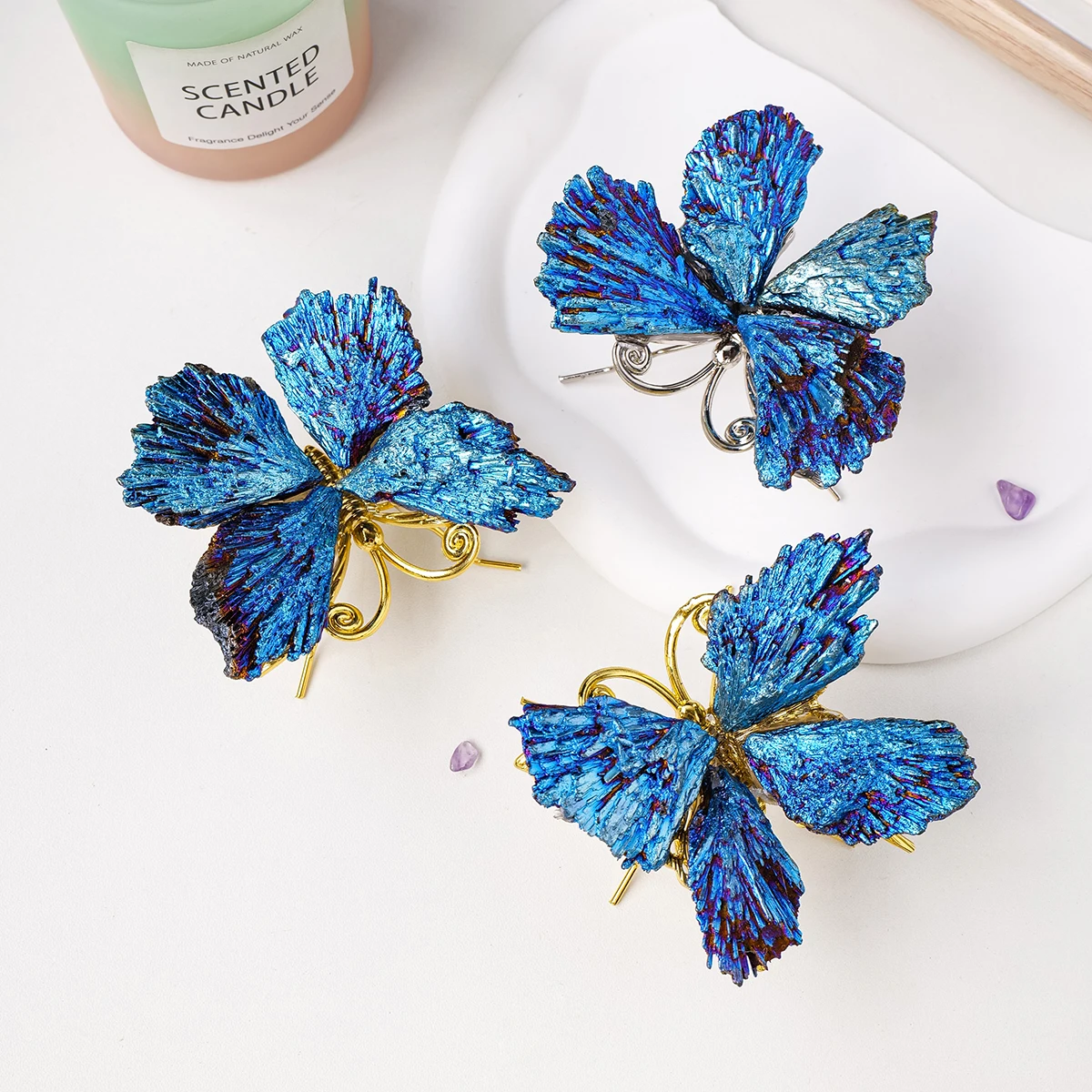 1PC Natural Crystal Stones Plating Aura Blue Tourmaline Butterfly Shape Electroplated Crystal Animal Desktop Decoration Crafts