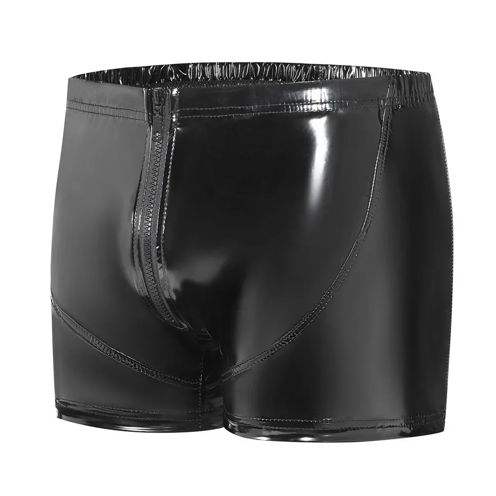 Mens Sexy Open Crotch Leather Short Pants for Sex Shaping Sheath Fetish Boxers Faux Leather Underpants Bulge Pouch Sexi Boxers