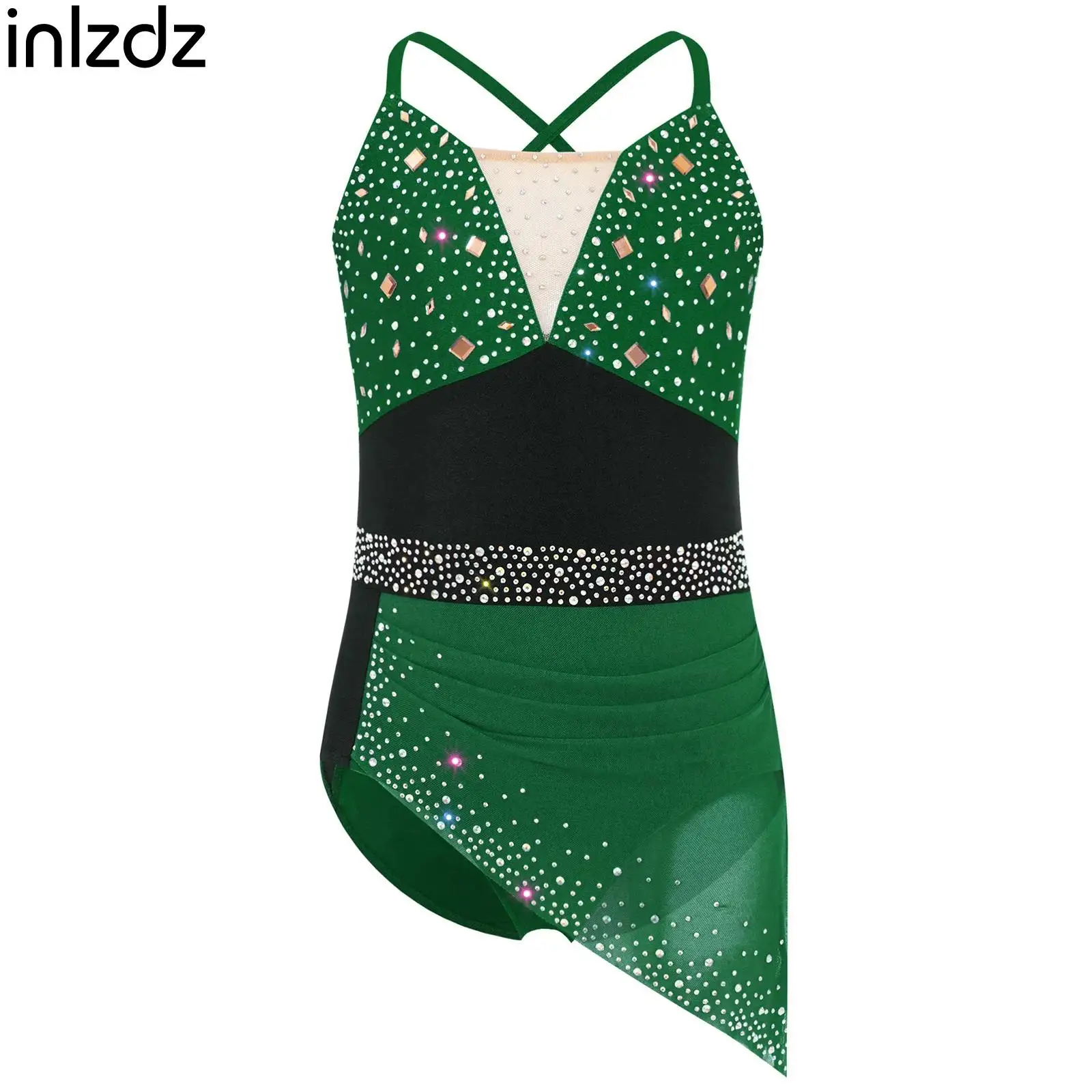 

Girls Artistic Sparkly Rhinestones Ruched Dress Figure Ice Skating Ballet Lyrical Dance Gymnastics Performance Costume Dress