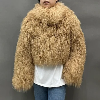 معاطف نسائية فاخرة من فرو الغنم المنغولي ، سيدة ، سميكة ، دافئة ، ياقة قائمة ، سترة المحاصيل ، معاطف الفرو الطبيعي ، الشتاء