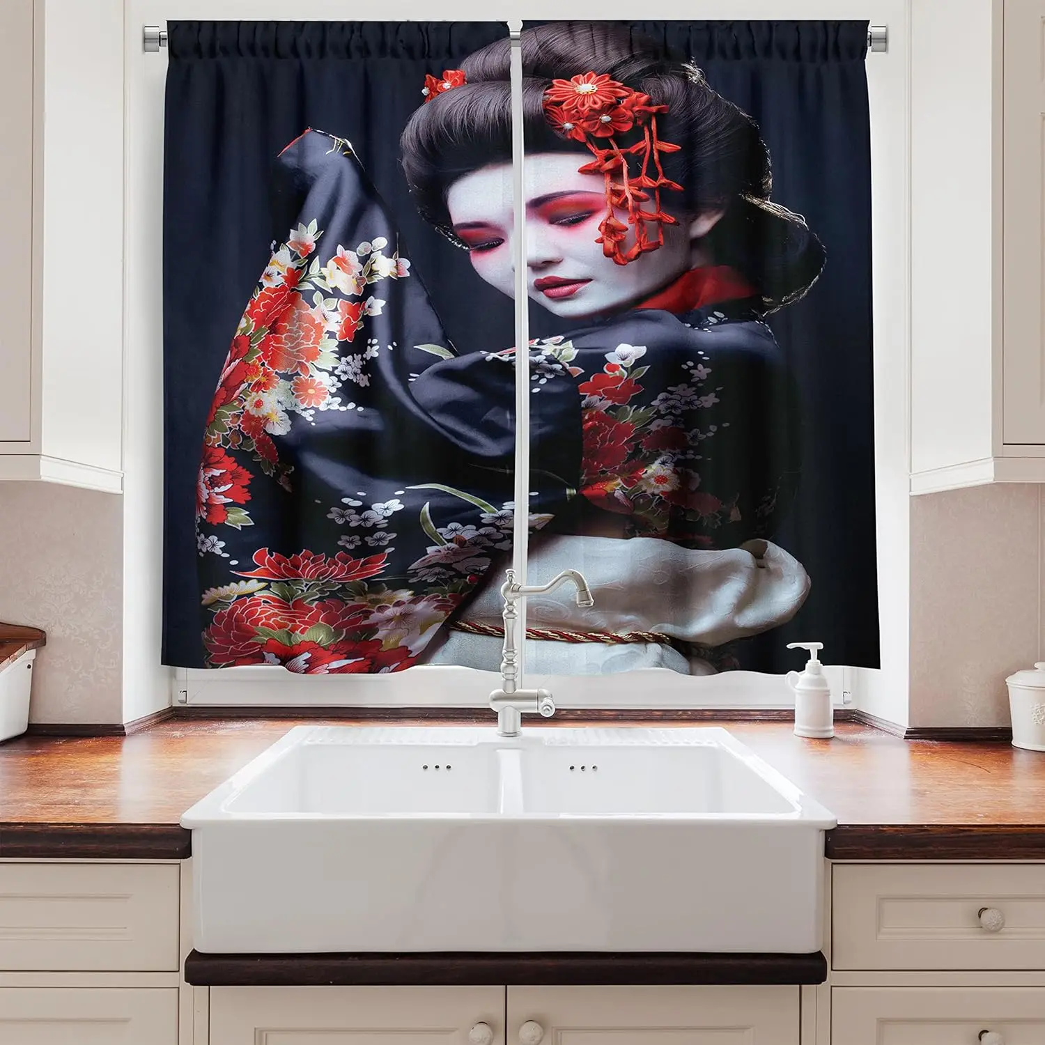 Lunarable Japan Kitchen Curtains, Young Geisha in Kimono with Sakura Traditional Oriental Costume Makeup, Window Drapes 2 Panel