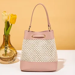 New Crossbody Bag High-capacity Bucket Shaped Bag Candy Colored Drawstring Fashion Straw Woven Commuting Shoulder Bag Girl Style